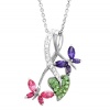 Sterling Silver Pink and Purple Double Butterfly and Heart Pendant-Necklace with Swarovski Elements
