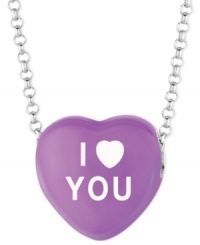 Sugary sweet style you can wear! Sweethearts' I LOVE YOU pendant features a purple enamel surface and polished, sterling silver setting and chain. Copyright © 2011 New England Confectionery Company. Approximate length: 16 inches + 2-inch extender. Approximate drop: 1/2 inch. Sugary sweet style you can wear! Sweethearts' I LOVE YOU pendant features a purple enamel surface and polished, sterling silver setting and chain. Copyright © 2011 New England Confectionery Company. Approximate length: 16 inches + 2-inch extender. Approximate drop: 1/2 inch.