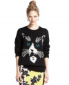 Layer on irreverent style with this Bar III sweater featuring a tuxedo cat! Perfect for a cheeky-chic casual look!