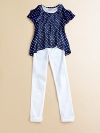 Perky in polka dots with a high-low hem, this cut-out chiffon top is layered for a not-so-sheer appearance.Round neckShort sleeves with cut-out shouldersPullover styleHigh-low hemLining: 95% rayon/5% spandexPolyesterHand washImported Perky in polka dots with a high-low hem, this cut-out chiffon top is layered for a not-so-sheer appearance.Round neckShort sleeves with cut-out shouldersPullover styleHigh-low hemLining: 95% rayon/5% spandexPolyesterHand washImported