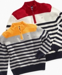 He'll love the pop of primary color and the crisp nautical stripes on this half-zip from Tommy Hilfiger (and mom will appreciate the sturdy all-cotton construction that makes it machine washable). He'll love the pop of primary color and the crisp nautical stripes on this half-zip from Tommy Hilfiger (and mom will appreciate the sturdy all-cotton construction that makes it machine washable).