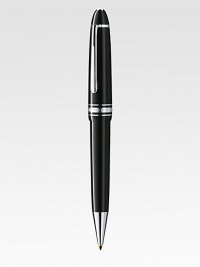 Ballpoint pen with twist mechanism, with barrel and cap made of precious resin and floating logo emblem.BallpointPlatinum-plated clipResin with inlaid logo emblemAbout 5¼ longImported Ballpoint pen with twist mechanism, with barrel and cap made of precious resin and floating logo emblem.BallpointPlatinum-plated clipResin with inlaid logo emblemAbout 5¼ longImported