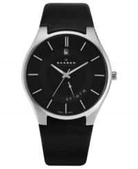 A modern design stands out on this sleek timepiece from Skagen Denmark. A modern design stands out on this sleek timepiece from Skagen Denmark.