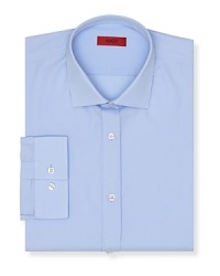 Contemporary fit shirt with spread collar. Square cuffs with two buttons to resize width. Clean front, no pocket. Back yoke with two darts. Contemporary fit shirt with spread collar. Square cuffs with two buttons to resize width. Clean front, no pocket. Back yoke with two darts.