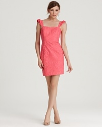 Ruffled shoulder straps meet a perky pink silhouette for a Lilly Pulitzer dress brimming with feminine charm. Finish the look with pearls and nude pumps for head-to-heel polish. Ruffled shoulder straps meet a perky pink silhouette for a Lilly Pulitzer dress brimming with feminine charm. Finish the look with pearls and nude pumps for head-to-heel polish.