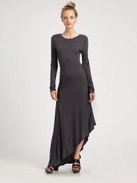 Floor-grazing dress of soft jersey has long sleeves, contrasting panels and a dramatic asymmetrical hem. CrewneckLong sleevesAsymmetrical hemAbout 46 from natural waist to longest pointRayonDry cleanMade in USA of imported fabricModel shown is 5'9½ (176cm) wearing US size Small. Floor-grazing dress of soft jersey has long sleeves, contrasting panels and a dramatic asymmetrical hem. CrewneckLong sleevesAsymmetrical hemAbout 46 from natural waist to longest pointRayonDry cleanMade in USA of imported fabricModel shown is 5'9½ (176cm) wearing US size Small.