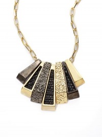 THE LOOKDeco stick pendantsLizard skin accentsGunmetal & goldplated brass settingsLobster claspTHE MEASUREMENTPendant length, about 1.5Length, about 19ORIGINMade in USA THE LOOKDeco stick pendantsLizard skin accentsGunmetal & goldplated brass settingsLobster claspTHE MEASUREMENTPendant length, about 1.5Length, about 19ORIGINMade in USA