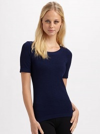 Sleek stretch knit with banded neckline and hem. Cotton/nylon/elastene Machine wash or dry clean Imported Sleek stretch knit with banded neckline and hem. Cotton/nylon/elastene Machine wash or dry clean Imported