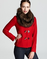 The preppy silhouette of a classic MICHAEL Michael Kors jacket gets a polished update with a plush faux-fur collar for an unmistakably chic approach to the cold-weather season. The preppy silhouette of a classic MICHAEL Michael Kors jacket gets a polished update with a plush faux-fur collar for an unmistakably chic approach to the cold-weather season.