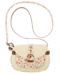 Pretty floral detailing adds a femme charm to this easy-going crossbody from American Rag. This adorable style features lightly distressed details and a fun heart detail at handle base. Pretty floral detailing adds a femme charm to this easy-going crossbody from American Rag. This adorable style features lightly distressed details and a fun heart detail at handle base.