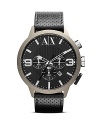 A sleek perforated leather band is a cool complement to this Armani Exchange watch, which works a handsome edge, styled with a three-eye chronograph dial and polished markers.