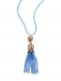 THE LOOKFeminine Metals collectionAquamarine-colored beadsRhinestone ball and flower pendantAquamarine-colored tassel accent14k goldplated settingNo closure; slip-on styleTHE MEASUREMENTPendant length, about 4Length, about 32ORIGINImported THE LOOKFeminine Metals collectionAquamarine-colored beadsRhinestone ball and flower pendantAquamarine-colored tassel accent14k goldplated settingNo closure; slip-on styleTHE MEASUREMENTPendant length, about 4Length, about 32ORIGINImported
