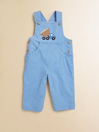 Crafted in classic corduroy, this one-piece overall design has a handsome dumptruck appliqué.SquareneckShoulder straps with button closureSide buttonsSlash pocketsBottom snapsFully linedCottonMachine washImported Please note: Number of buttons and snaps may vary depending on size ordered. Crafted in classic corduroy, this one-piece overall design has a handsome dumptruck appliqué.SquareneckShoulder straps with button closureSide buttonsSlash pocketsBottom snapsFully linedCottonMachine washImported Please note: Number of buttons and snaps may vary depending on size ordered.
