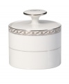 Endlessly elegant, Mikasa's Infinity Band sugar bowl features fine white porcelain trimmed with ribbons of platinum and dots. A single infinity symbol graces its lid.