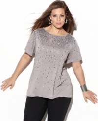Show off your sparkle with INC's short sleeve plus size top, featuring a sequined finish. Show off your sparkle with INC's short sleeve plus size top, featuring a sequined finish.