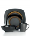 Make casual meals stand out with the distinct modern styling of this Dazzle set of dinnerware. The dishes are a dark, handsome palette of amber and black that pop with reactive glaze, resulting in pieces that are tastefully bold. Sango mixes round and square stoneware for added flair.