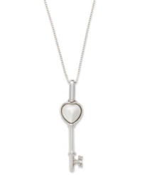 The key to romance. This adorable heart-shaped key pendant features a shimmery Mother of Pearl heart (7 mm) and sparkling diamond accents. Set in sterling silver. Approximate length: 18 inches. Approximate drop length: 1-1/4 inches. Approximate drop width: 1/4 inch. The key to romance. This adorable heart-shaped key pendant features a shimmery Mother of Pearl heart (7 mm) and sparkling diamond accents. Set in sterling silver. Approximate length: 18 inches. Approximate drop length: 1-1/4 inches. Approximate drop width: 1/4 inch.