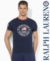 Celebrate Team USA's participation in the London 2012 Olympic Games with vintage style in this old-school custom-fit ringer T-shirt accented with sewn USA and Polo patches.