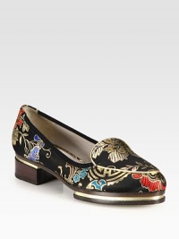Metallic leather accents update this elevated satin brocade design with grosgrain ribbon trim. Stacked heel with metallic leather insert, 1½ (40mm)Stacked island platform with metallic leather insert, ¾ (20mm)Compares to a ¾ heel (20mm)Satin brocade upper with grosgrain ribbon and metallic leather trimLeather lining and solePadded insoleMade in Italy Metallic leather accents update this elevated satin brocade design with grosgrain ribbon trim. Stacked heel with metallic leather insert, 1½ (40mm)Stacked island platform with metallic leather insert, ¾ (20mm)Compares to a ¾ heel (20mm)Satin brocade upper with grosgrain ribbon and metallic leather trimLeather lining and solePadded insoleMade in Italy