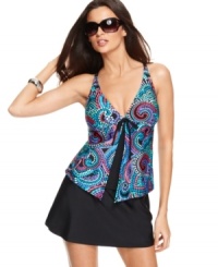 A chic layered look at a fabulous price, from Tropical Honey. The flyaway front puts a sophisticated spin on a classic tankini top. A chic layered look at a fabulous price, from Tropical Honey. The flyaway front puts a sophisticated spin on a classic tankini top.