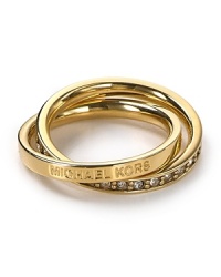 Crafted of gold plate with inset cubic zirconia stones, these interlocking rings from Michael Kors are a subtle yet striking way to nod to the brand's glamor. Crafted of gold plate with inset cubic zirconia stones, these interlocking rings from Michael Kors are a subtle yet striking way to nod to the brand's glamor.