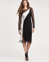 Architectural blocks of color define this shapely slit-leg shift styled with peek-a-boo mesh sleeves.BoatneckLong mesh sleevesFitted alloverFront slitAbout 27 from natural waistPolyesterDry cleanImportedModel shown is 5'9 (175cm) wearing US size Small.