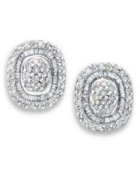 A bright burst of sparkle lights up any look. Crafted in 14k white gold, chic clusters of round and baguette-cut diamonds 3/4 ct. t.w.) adorn these beautiful stud earrings. Approximate diameter: 1/2 inch. A bright burst of sparkle lights up any look. Crafted in 14k white gold, chic clusters of round and baguette-cut diamonds 3/4 ct. t.w.) adorn these beautiful stud earrings. Approximate diameter: 1/2 inch.