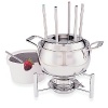 The All-Clad fondue set in in stainless steel and comes with a ceramic insert for dessert sauces and cheese. Includes 6 fondue forks.