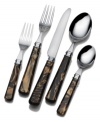 Make a statement with every place setting in the Mikasa Tortoise flatware set. Acrylic handles marbled with the rich browns of tortoiseshell work with polished stainless steel to redefine casual tables.