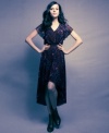 With seventies-prairie styling, this peacock-print Nicole Richie dress is updated with a high-low hem and braided belt!