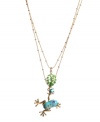 Take a great leap towards proving your fashionista status. Betsey Johnson necklace features a blue enamel and crystal-accented frog and a shiny green enamel leaf. Setting and double chain crafted in antique gold tone mixed metal. Approximate length: 16 inches + 3-inch extender. Approximate drop: 2 inches.