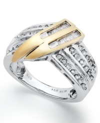 Add a sparkling twist. This pretty ring combines sterling silver and 14k gold accents with rows of round and baguette-cut diamonds (1/2 ct. t.w.). Size 7. Add a sparkling twist. This pretty ring combines sterling silver and 14k gold accents with rows of round and baguette-cut diamonds (1/2 ct. t.w.). Size 7.
