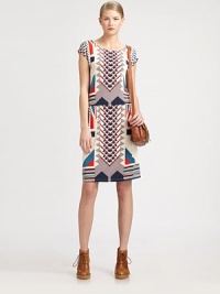 Modern, abstract tribal print intensifies this jersey go-to with cap sleeves and an of-the-moment drop waist. BoatneckCap sleevesScoopbackAbout 26 from natural waist95% rayon/5% spandexDry cleanImportedModel shown is 5'10 (177cm) wearing US size Small. Modern, abstract tribal print intensifies this jersey go-to with cap sleeves and an of-the-moment drop waist. BoatneckCap sleevesScoopbackAbout 26 from natural waist95% rayon/5% spandexDry cleanImportedModel shown is 5'10 (177cm) wearing US size Small.