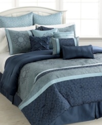 Revive your room in a fresh splash of style with this Ambrosia comforter set, boasting a sea of blue hues embellished with an eclectic mix of prints, embroidery and rich solids. Comes complete with coverlet, bedskirt, shams and a pile of decorative pillows for a completely revitalizing look. Revive your room in a fresh splash of style with this Ambrosia comforter set, boasting a sea of blue hues embellished with an eclectic mix of prints, embroidery and rich solids. Comes complete with coverlet, bedskirt, shams and a pile of decorative pillows for a completely revitalizing look.