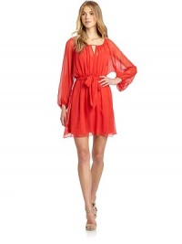 THE LOOKDiaphanous silk chiffon overlayGathered scoopneckKeyhole front and backElastic waist with sashLong blouson sleeves with elastic cuffsTonal underlayTHE FITAbout 34 from shoulder to hemTHE MATERIALSilkFully linedCARE & ORIGINDry cleanImportedModel shown is 5'10½ (179cm) wearing US size 4. THE LOOKDiaphanous silk chiffon overlayGathered scoopneckKeyhole front and backElastic waist with sashLong blouson sleeves with elastic cuffsTonal underlayTHE FITAbout 34 from shoulder to hemTHE MATERIALSilkFully linedCARE & ORIGINDry cleanImportedModel shown is 5'10½ (179cm) wearing US size 4.