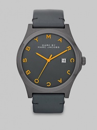 This dark and neutral style features a brushed case and supple leather strap. Quartz movementWater resistant to 5 ATMRound gunmetal brushed stainless steel case, 43mm (1.7)Brushed bezelGrey dialLogo hour markersDate display at 3 o'clockSecond hand Semi-shiny grey colored leather strapImported This dark and neutral style features a brushed case and supple leather strap. Quartz movementWater resistant to 5 ATMRound gunmetal brushed stainless steel case, 43mm (1.7)Brushed bezelGrey dialLogo hour markersDate display at 3 o'clockSecond hand Semi-shiny grey colored leather strapImported