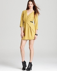 This Rebecca Minkoff dress reflects your downtown attitude. Edgy and luxurious with touches of leather, the jersey silhouette makes a modern statement from desk to dinner. This Rebecca Minkoff dress reflects your downtown attitude. Edgy and luxurious with touches of leather, the jersey silhouette makes a modern statement from desk to dinner.