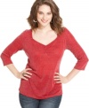Shimmer from day to night with American Rag's three-quarter-sleeve plus size top, broadcasting a metallic finish!