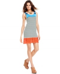 Bright orange crochet lace adds a cool contrast to this striped Kensie sweater dress for a chic daytime look! Bright orange crochet lace adds a cool contrast to this striped Kensie sweater dress for a chic daytime look!