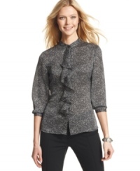 An elegant option for pairing with skirt suits and trousers alike, Tahari by ASL's blouse features a subtle dot print and ruffled flourish in front. An elegant option for pairing with skirt suits and trousers alike, Tahari by ASL's blouse features a subtle dot print and ruffled flourish in front.