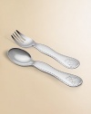 Handsomely crafted, silverplated baby spoon and fork are detailed with cuddly teddy bears. Arrives in a gift box Each, about 5 long Hand wash Made in France