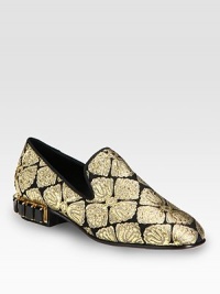 A stone-encrusted heel adds decadent style to this shimmering metallic brocade favorite. Stone-encrusted stacked heel, 1 (25mm)Metallic brocade upperLeather lining and solePadded insoleMade in ItalyOUR FIT MODEL RECOMMENDS ordering true size. A stone-encrusted heel adds decadent style to this shimmering metallic brocade favorite. Stone-encrusted stacked heel, 1 (25mm)Metallic brocade upperLeather lining and solePadded insoleMade in ItalyOUR FIT MODEL RECOMMENDS ordering true size.