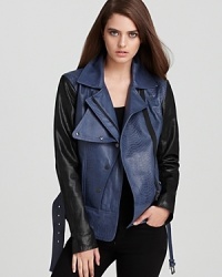 Give this Edun moto jacket a spin and explore the leather trend and color-blocking at the same time. As cool with jeans as it is over an LBD, this is a must-have for every style-savvy collector. Give this Edun moto jacket a spin and explore the leather trend and color-blocking at the same time. As cool with jeans as it is over an LBD, this is a must-have for every style-savvy collector.