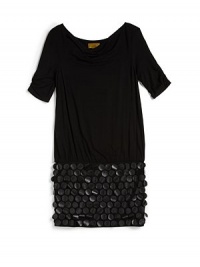 THE LOOKBateau neckRuched short sleevesDropped-waistTonal fabric paillettesTHE MATERIAL95% rayon/5% spandexCARE & ORIGINMachine washImported THE LOOKBateau neckRuched short sleevesDropped-waistTonal fabric paillettesTHE MATERIAL95% rayon/5% spandexCARE & ORIGINMachine washImported