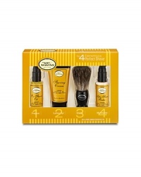 The 4 Elements of The Perfect Shave® combine The Art of Shaving's aromatherapy-based products, handcrafted accessories and expert shaving technique to guarantee optimal shaving results while relieving and preventing ingrown hairs, razor burn, tough beard and sensitive skin. The Starter Kit offers 2 weeks' worth of our essentials for achieving a close and comfortable shave. Complete with Pre-Shave Oil (.5 fl. oz), Shaving Cream (1 oz), After-Shave Balm (.5 fl. oz), and a Genuine Badger Shaving Brush. Perfect for travel. The 4 Elements of The Perfect Shave® combine The Art of Shaving's aromatherapy-based products, handcrafted accessories and expert shaving technique to guarantee optimal shaving results while relieving and preventing ingrown hairs, razor burn, tough beard and sensitive skin. The Starter Kit offers 2 weeks' worth of our essentials for achieving a close and comfortable shave. Complete with Pre-Shave Oil (.5 fl. oz), Shaving Cream (1 oz), After-Shave Balm (.5 fl. oz), and a Genuine Badger Shaving Brush. Perfect for travel.