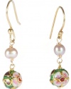 Gold Plated Sterling Silver Pink Freshwater Cultured Pearl with Green Cloisonne Round Bead Earrings