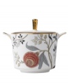 A tapestry of exotic florals, the Pashmina sugar bowl from Wedgwood offers a look of vintage grandeur and, in dishwasher-safe bone china, modern-day durability. With gold banding and accents on lid.