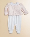 An adorable set pairs a pretty embroidered coverall with a velour cardigan for the perfect set. Coverall Peter Pan collarLong puffed sleevesBack buttonsGathered empire waistBottom snaps Cardigan CrewneckLong puffed sleevesButton-frontScalloped hemCottonMachine washImported Please note: Number of buttons may vary depending on size ordered. 