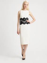 Boucle wool crepe, tailored in a sleek, form-fitting silhouette and embellished with a lacy floral waist panel.Jewel necklineSleevelessLace waist panelBack ventConcealed back zipAbout 32 from natural waist99% wool/1% lyocellDry cleanMade in ItalyModel shown is 5'10 (177cm) wearing US size 4. Boucle wool crepe, tailored in a sleek, form-fitting silhouette and embellished with a lacy floral waist panel.Jewel necklineSleevelessLace waist panelBack ventConcealed back zipAbout 32 from natural waist99% wool/1% lyocellDry cleanMade in ItalyModel shown is 5'10 (177cm) wearing US size 4.