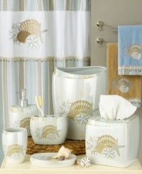 Freshen up with the seaside style of this soap and lotion dispenser. Sea shells grace this ceramic bath accessory that brings all the serenity of the ocean into your bathroom. Freshen up with the seaside style of this soap and lotion dispenser. Sea shells grace this ceramic bath accessory that brings all the serenity of the ocean into your bathroom.